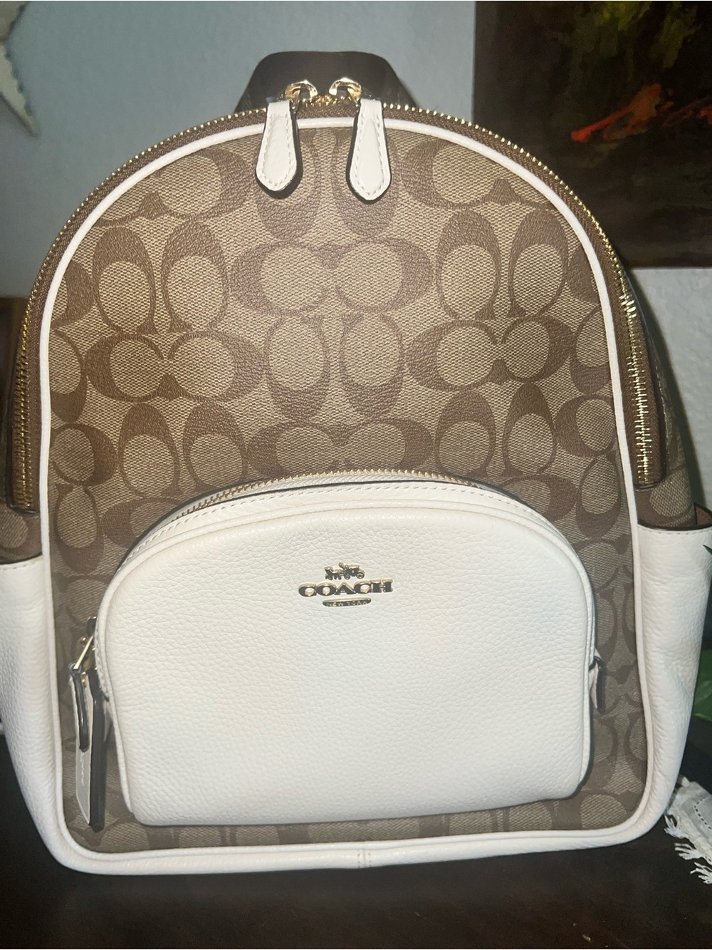Coach Signature Canvas Backpack in Brown and White Leather and Canvas